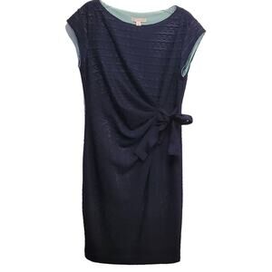 Dress barn Women's Navy Blue Over Teal Rushed Side Bow Dress Size 6